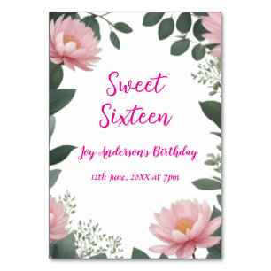 vintage pink flower green eucalyptus 16th birthday table number