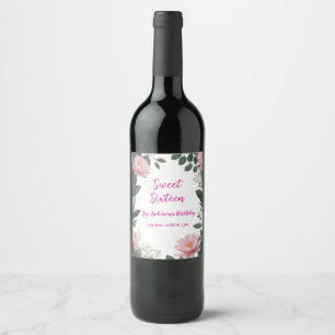 vintage pink flower green eucalyptus 16th birthday wine label