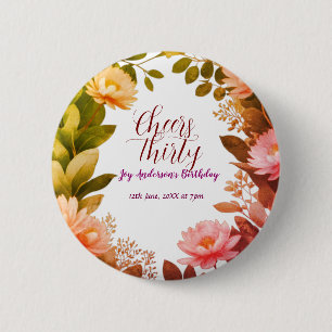 vintage pink flower green eucalyptus 30th birthday 2 inch round button