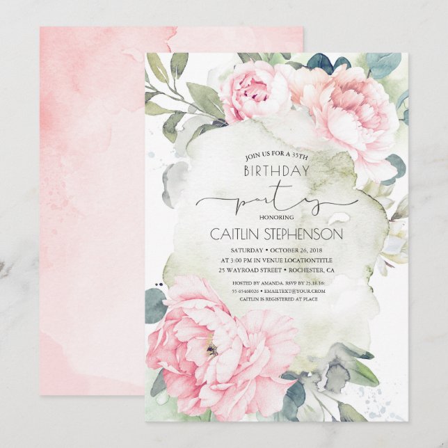 Vintage Pink Flowers and Greenery Birthday Invitation (Front/Back)