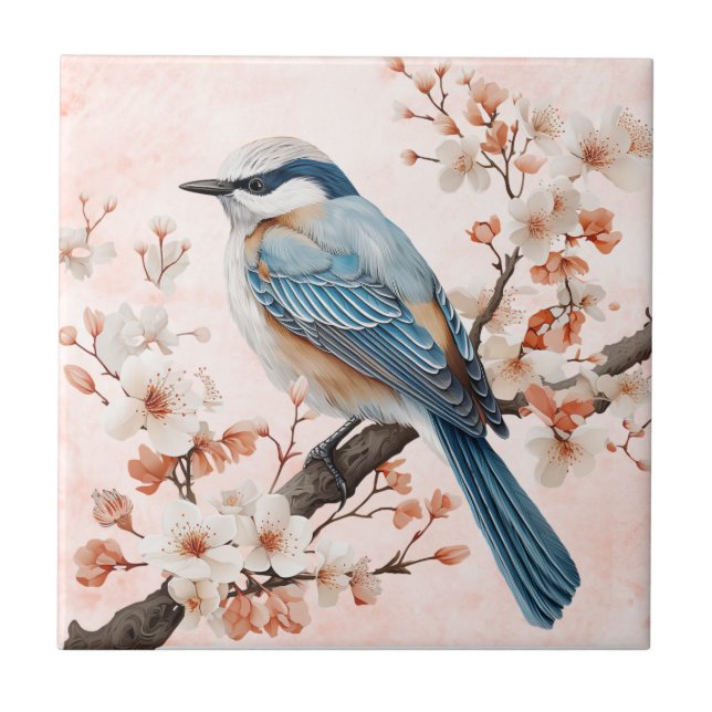 Vintage Pink Flowers Bird Flora & Fauna Art Tile (Front)