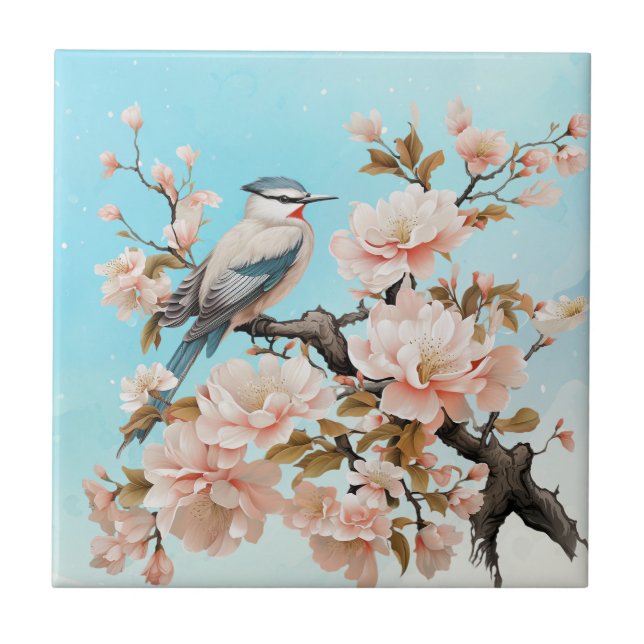 Vintage Pink Flowers & Bird Light Blue  Tile (Front)