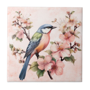 Vintage Pink Flowers & Birds Home Decor Ceramic  C Tile