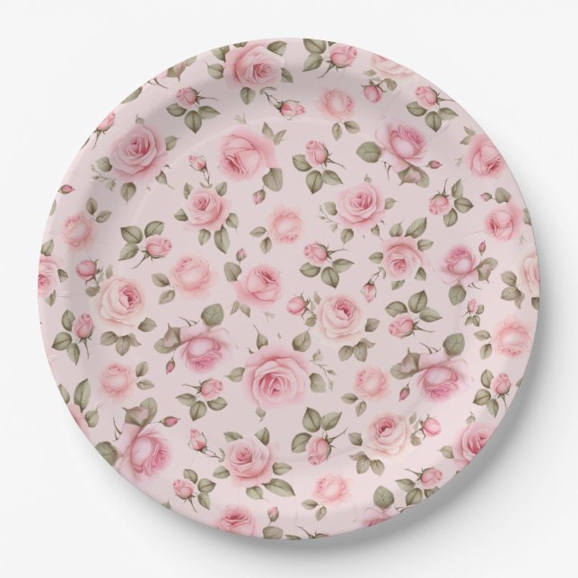 Vintage Pink Flowers Bridal Shower Paper Plate (Front)