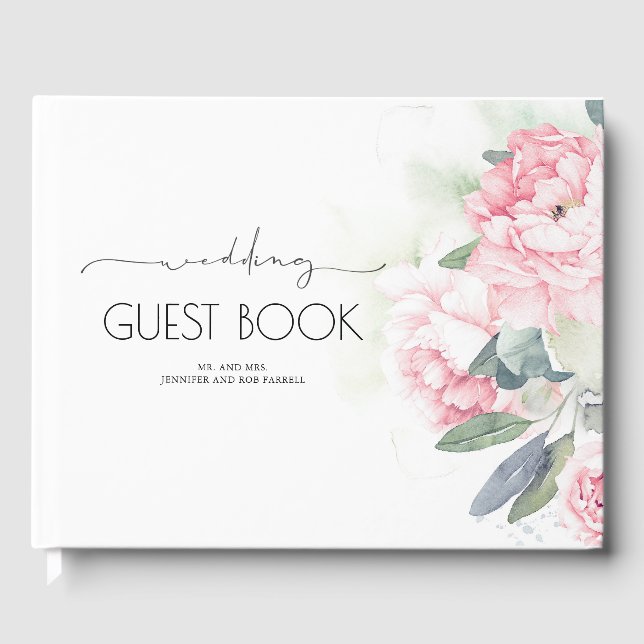 Vintage Pink Flowers Greenery Wedding Guest Book (Front)