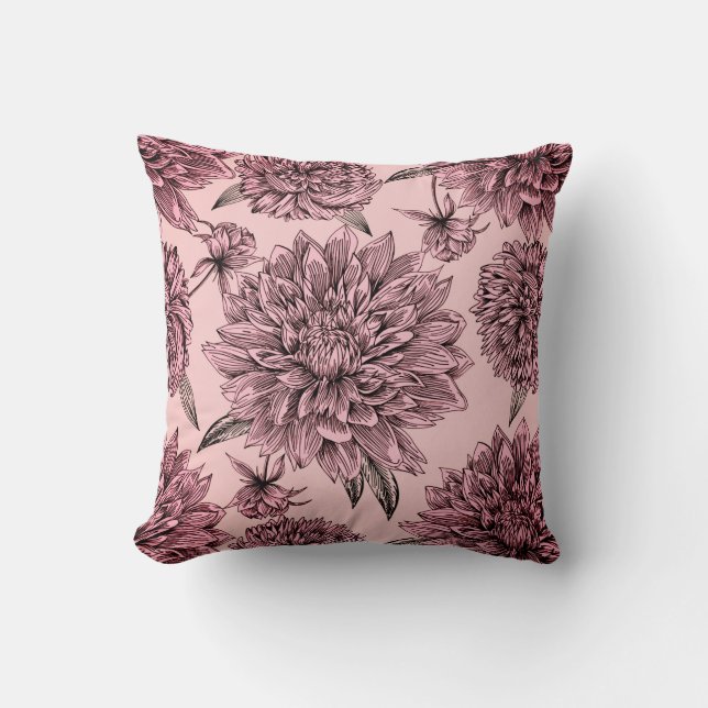 Vintage Pink Flowers Illustrated Pattern Throw Pillow (Front)