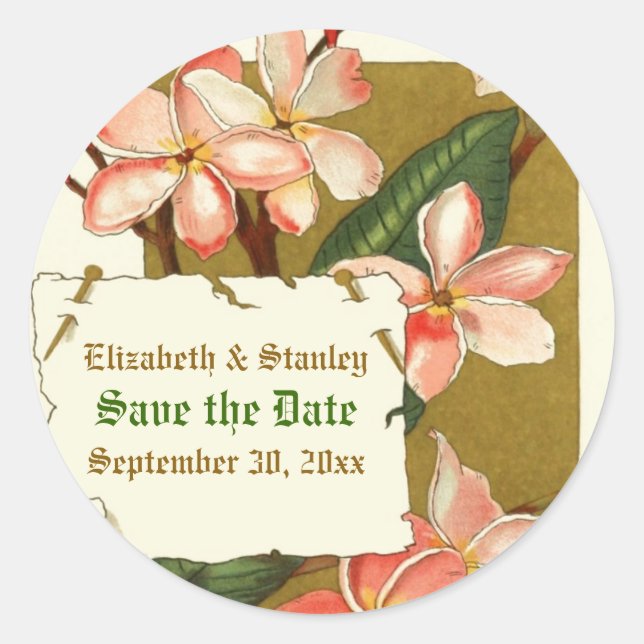 Vintage pink flowers wedding Save the Date sticker (Front)