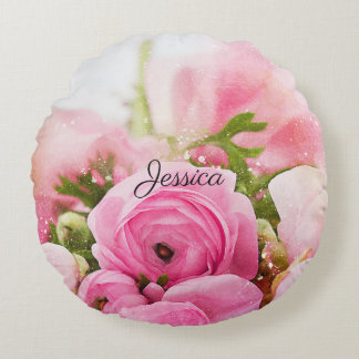 Vintage Pink Flowers with Your Name Round Pillow