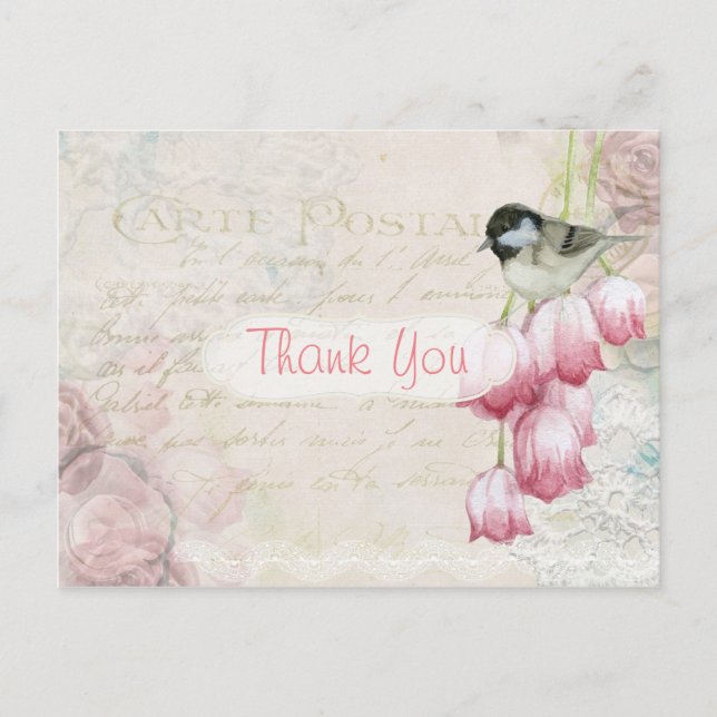 Vintage Pink French Thank You Postcard (Front)