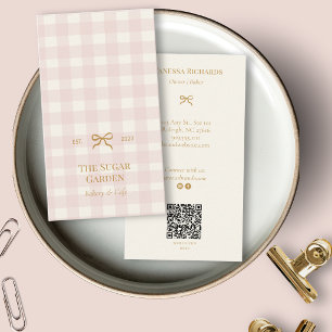 Vintage Pink Gingham Bakery QR Marketing Vertical Business Card