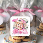 Vintage Pink Girl Floral Merry Christmas Square Sticker<br><div class="desc">Pretty white and pink little girl smiling with flowers Christmas sticker.</div>