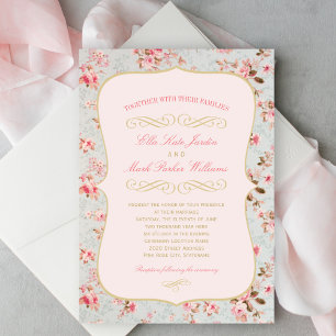 Vintage Pink Gold Floral Garden Party Wedding Invitation