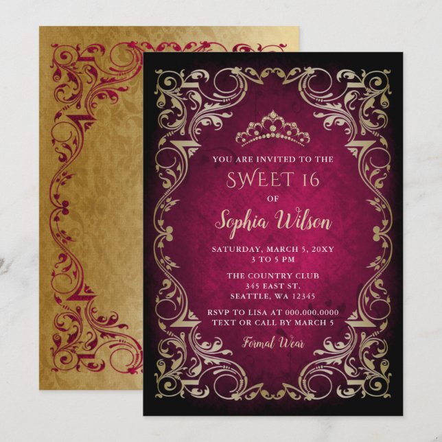 Vintage Pink Gold Princess Tiara Sweet 16 Invitation (Front/Back)