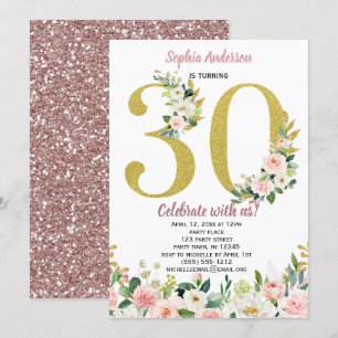 Vintage Pink Gold Watercolor Floral 30th Birthday Invitation