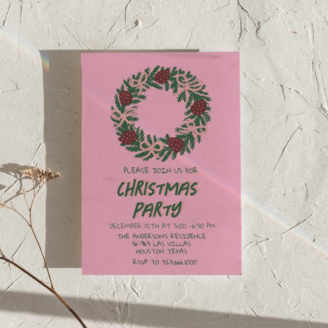 Vintage Pink Green Christmas Bows Wreath Party Invitation (Creator Uploaded)