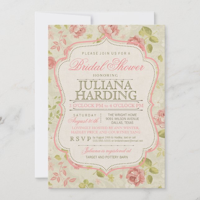 Vintage Pink Green Floral Bridal Shower Invitation (Front)