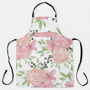 Vintage Pink Green Floral Ivory Cooking Apron
