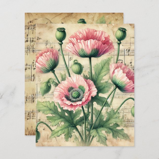 Vintage Pink & Green Poppies Sheet Music Scrapbook (Front/Back)