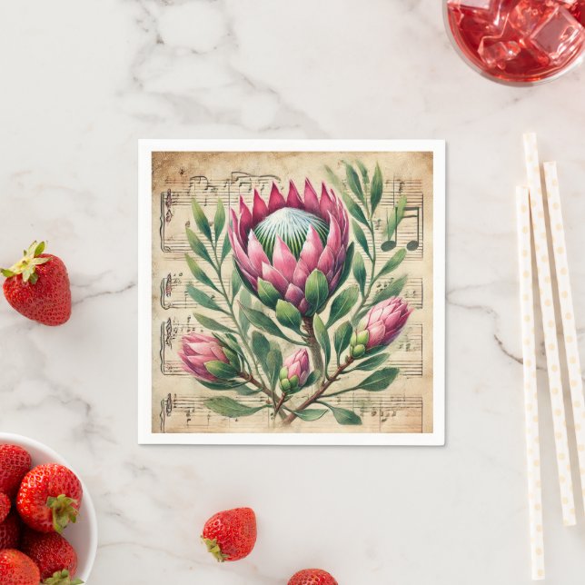 Vintage Pink & Green Proteas Sheet Music Decoupage Napkin (Insitu)