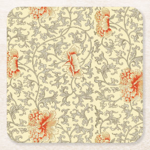 Vintage Pink Grey Artwork Botanical Floral Square Paper Coaster
