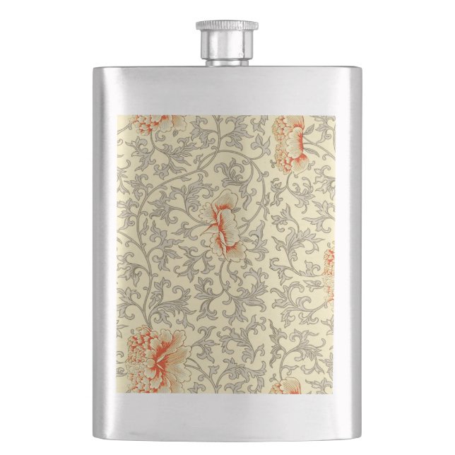 Vintage Pink Grey Botanical Floral Hip Flask (Front)