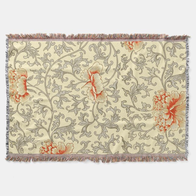 Vintage Pink Grey Botanical Floral Throw Blanket (Front)