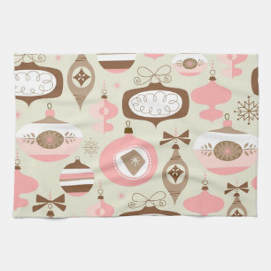 Vintage Pink & Grey Christmas Ornaments Kitchen Towel