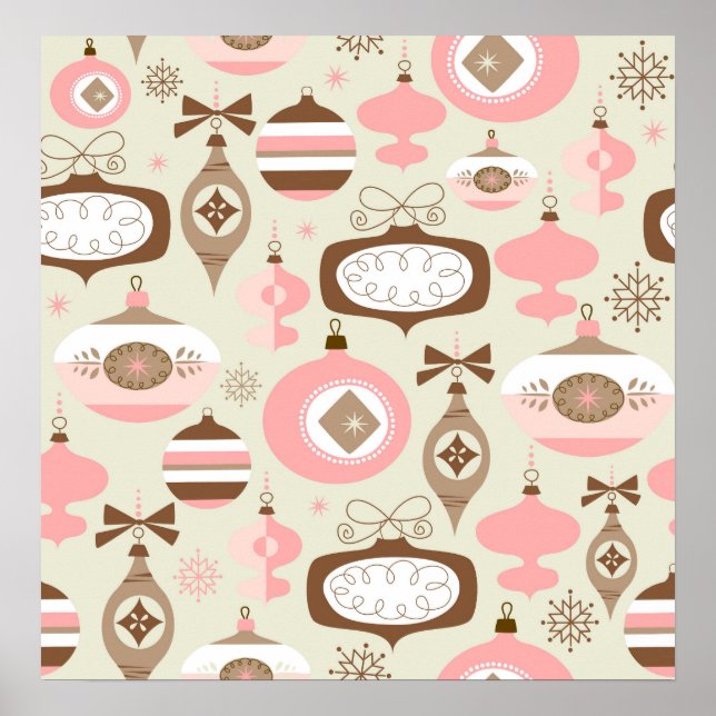Vintage Pink & Grey Christmas Ornaments Poster (Front)