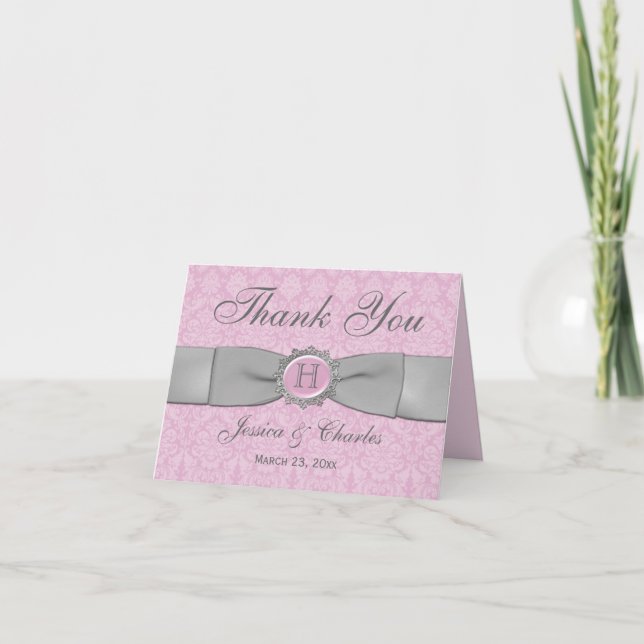 Vintage Pink, Grey Damask Thank You Card (Front)