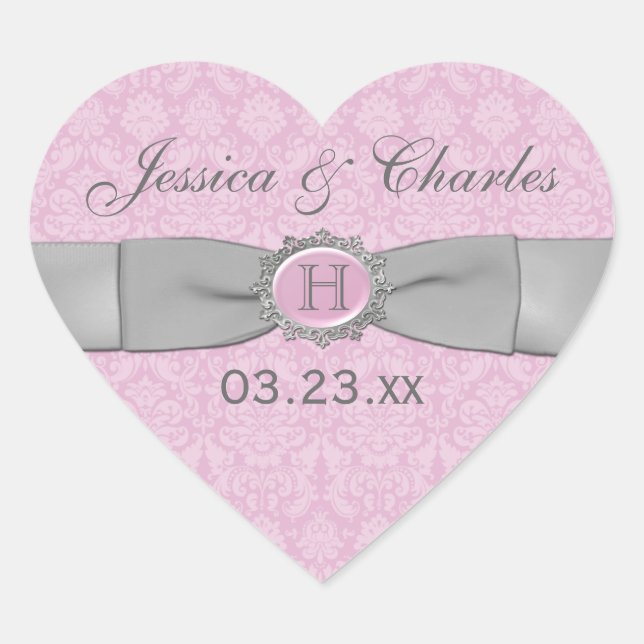 Vintage Pink, Grey Damask Wedding Favour Sticker (Front)