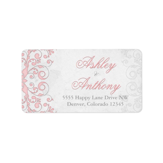 Vintage Pink Grey Floral Wedding Address Labels (Front)
