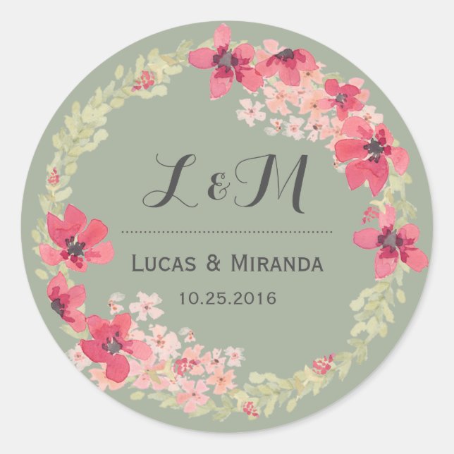 Vintage Pink Grey Floral Wreath Wedding Sticker (Front)