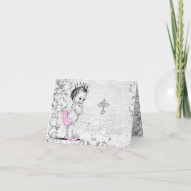 Vintage Pink Grey Girl Baptism Thank You Cards (Front)