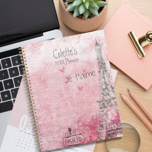 Vintage Pink Grey Je T'aime Eiffel Tower Planner