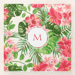Vintage Pink Hibiscus Flower Monogram Glass C Glass Coaster