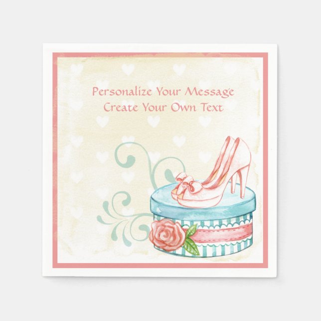 Vintage Pink High Heels Blue Hatbox Personalize Napkin (Front)