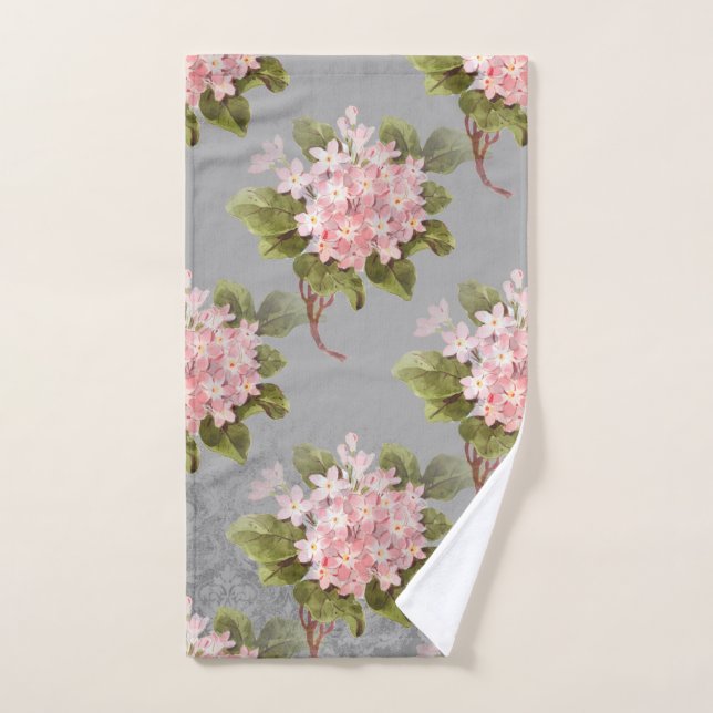 Vintage Pink Hydrangea Grey Hand Towel (Hand Towel)