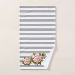 Vintage Pink Hydrangea Grey Stripe Hand Towel