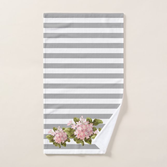 Vintage Pink Hydrangea Grey Stripe Hand Towel (Hand Towel)