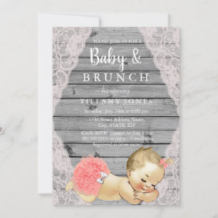 Vintage Pink Lace Rustic Grey Baby & Brunch Invite
