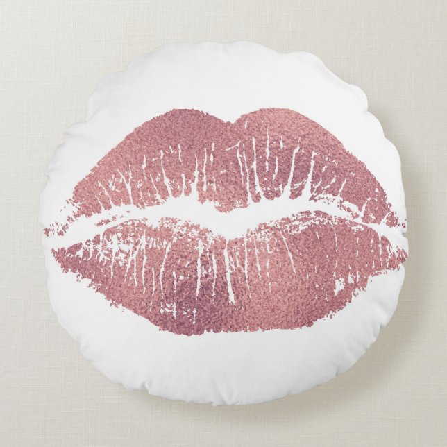 Vintage pink lip imprint, rose gold. round pillow (Front)