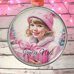Vintage Pink Little Girl Christmas Joyeux Noël Metal Ornament<br><div class="desc">Pretty little vintage girl in winter hat holding a pink gift box retro nostalgic vibe Christmas ornament for those who like an old-fashioned Christmas. Joyeux Noël.</div>
