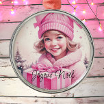 Vintage Pink Little Girl Christmas Joyeux Noël Metal Ornament<br><div class="desc">Pretty little vintage girl holding a pink gift box retro nostalgic vibe Christmas ornament for those who like an old-fashioned Christmas. Joyeux Noël.</div>