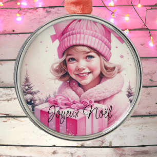 Vintage Pink Little Girl Christmas Joyeux Noël Metal Ornament
