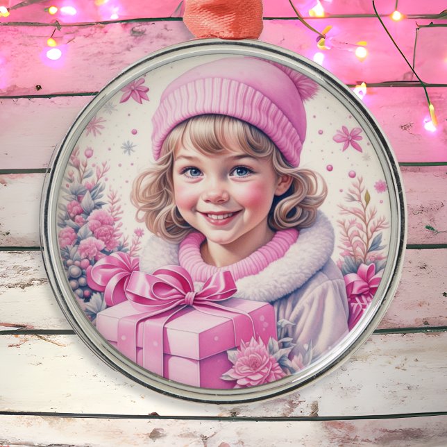 Vintage Pink Little Girl Christmas   Metal Ornament (Creator Uploaded)