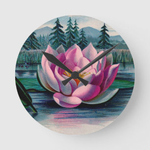 Vintage Pink Lotus Flower Round Clock