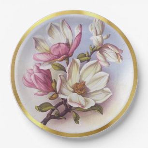 Vintage Pink Magnolia Retro Botanical Paper Plate