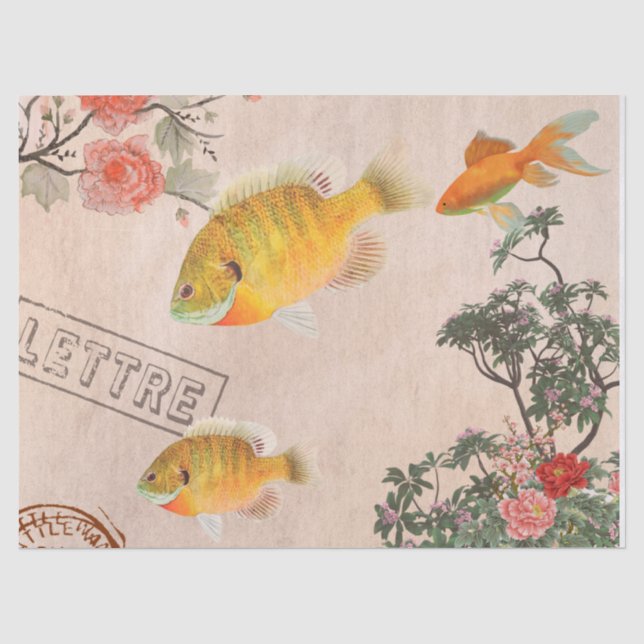 Vintage pink modern flowers and fish tissue paper (Front)