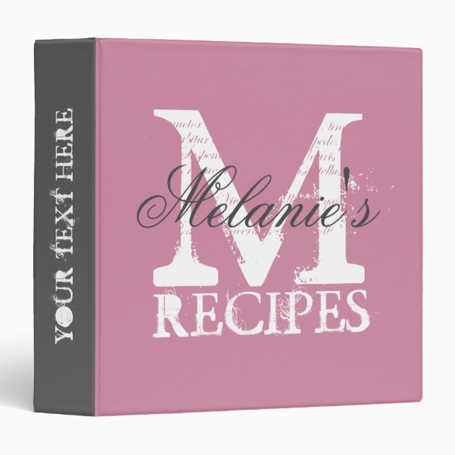 Vintage pink monogrammed large recipe binder book (Front/Spine)