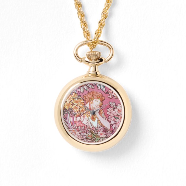 Vintage Pink Mucha Art Watch (Front)
